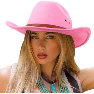 Women's Pink Western With Leather Band Buckle Classic Fedora Cowboy Felt Hat